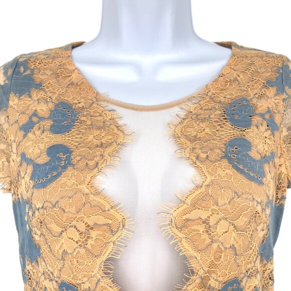 Storia Floral Lace Mesh Short Sleeve Mini Dress Blue Beige Size Small - Picture 3 of 13